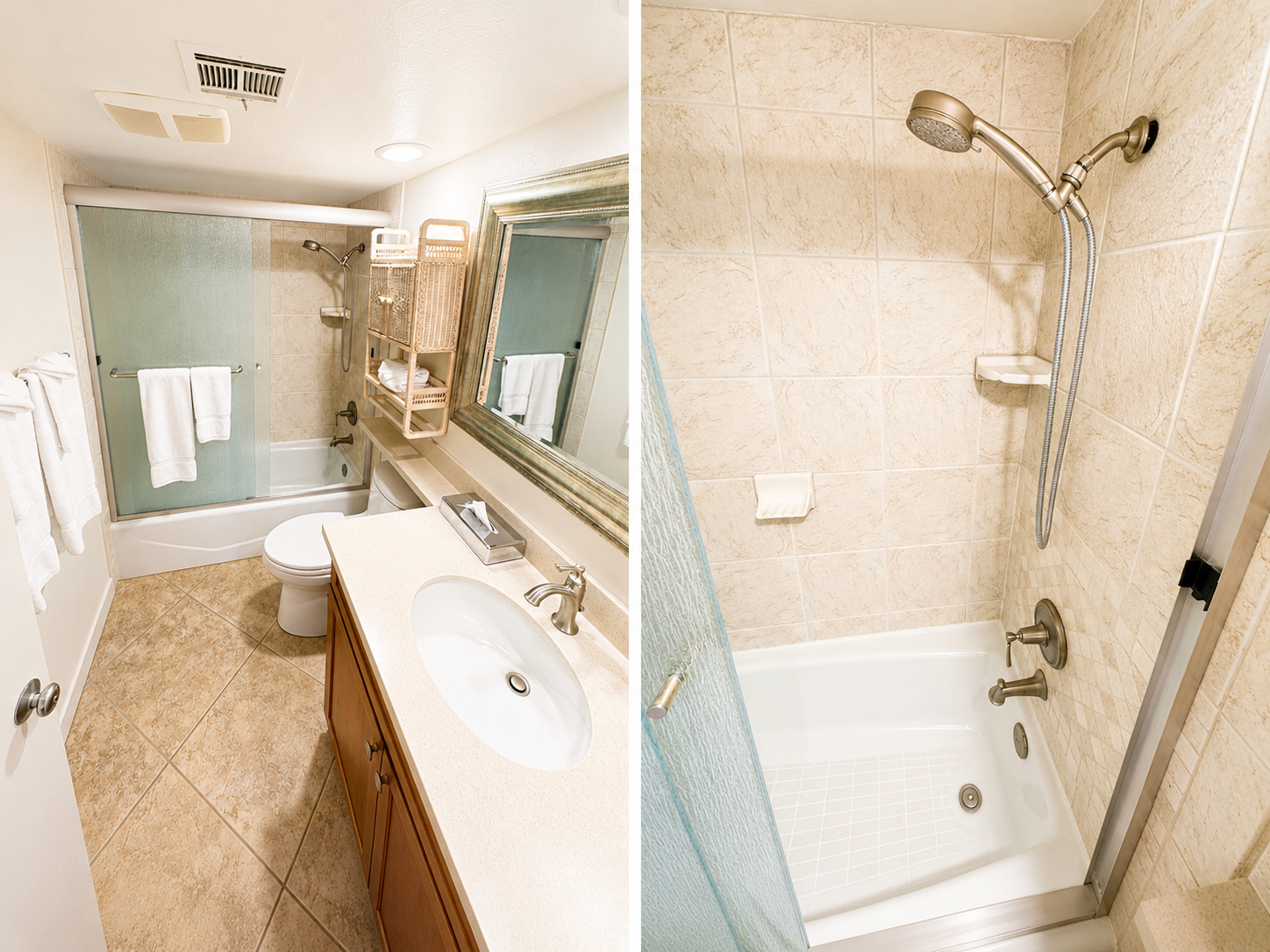 Guest bathroom with tiled tub-shower, vanity, and framed mirror