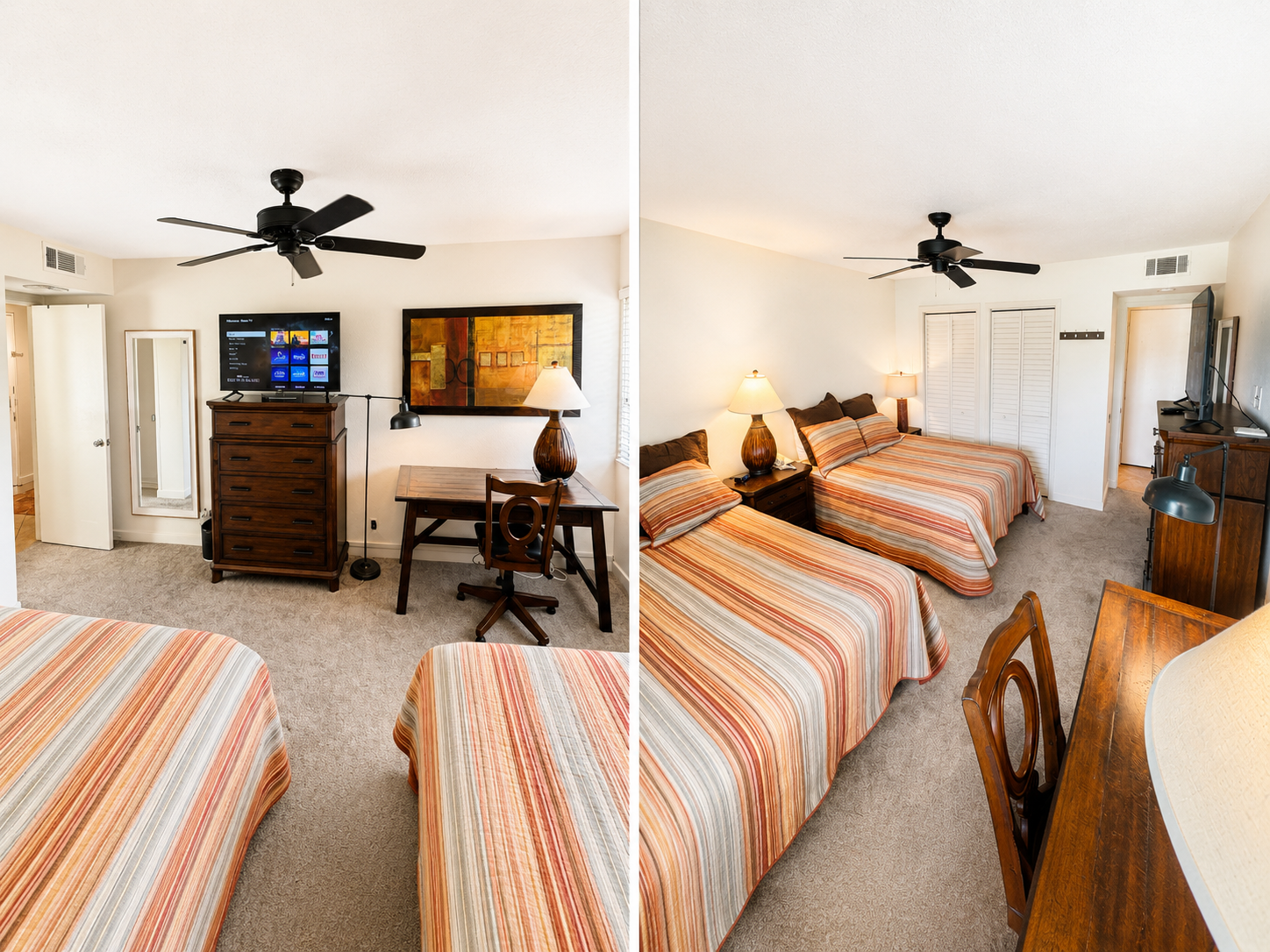 Guest bedroom collage showing beds, dresser, TV, and desk area