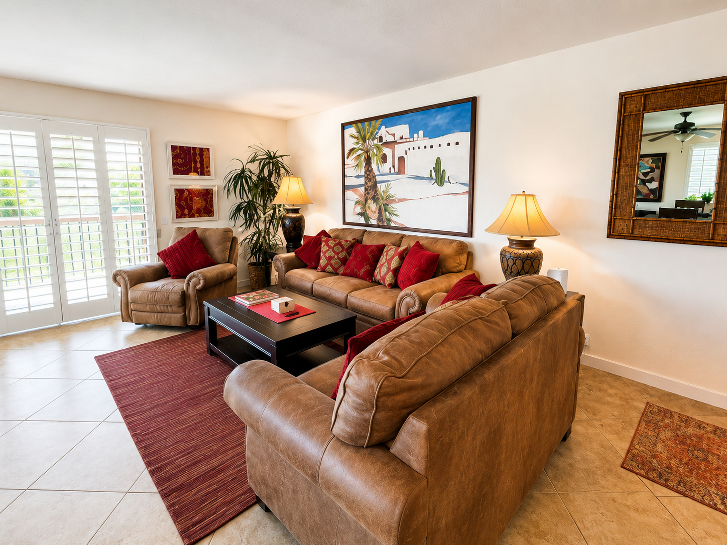 Living room with leather seating and resort-style decor