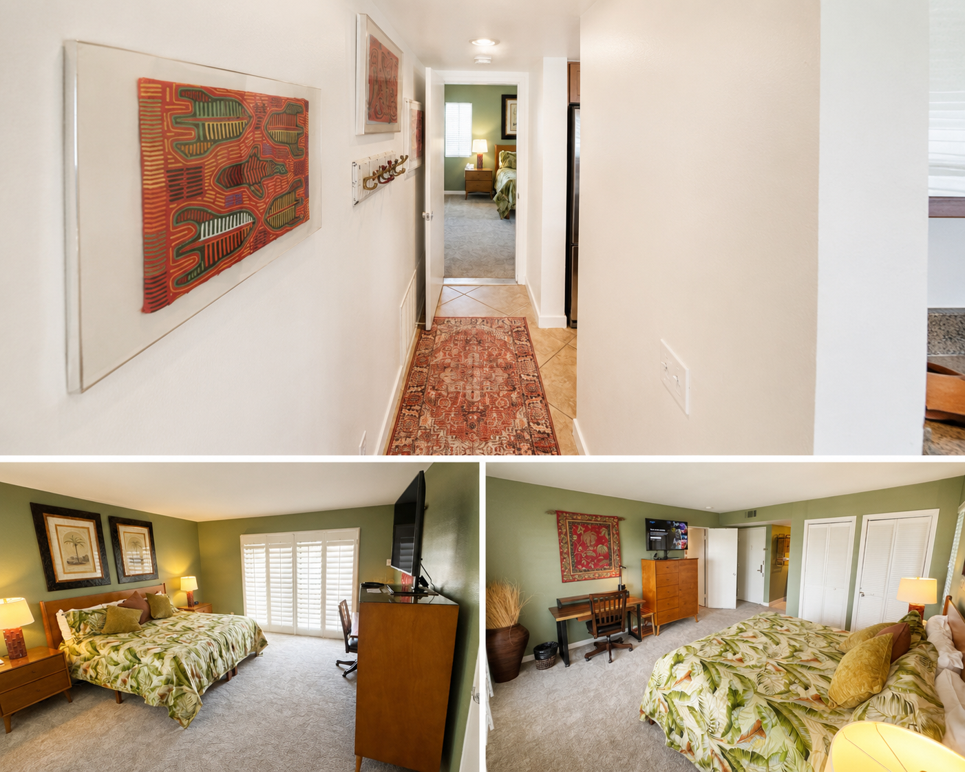Bedroom suite and hallway collage showing the green accent walls and shutters