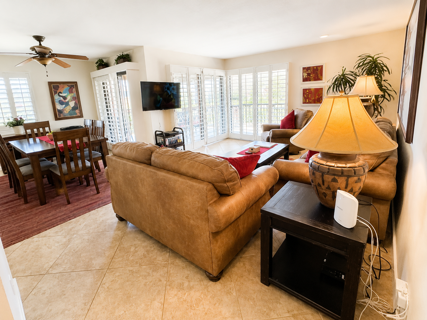 Living and dining area with plantation shutters