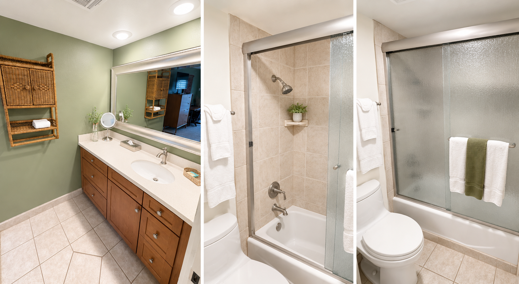 Remodeled bathroom vanity and shower-tub combination collage