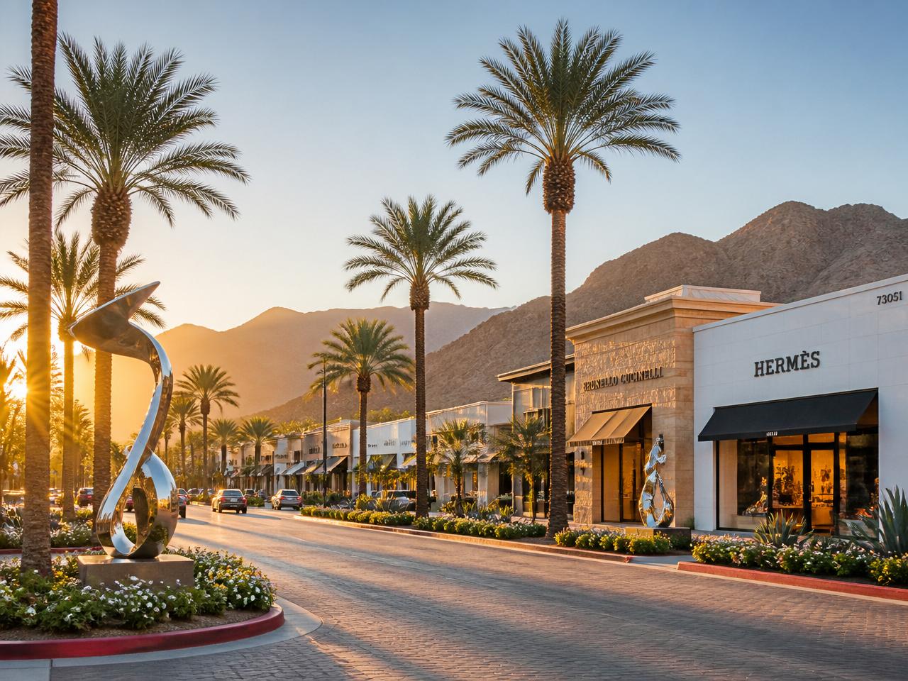 El Paseo shopping district at golden hour with palms and mountain views